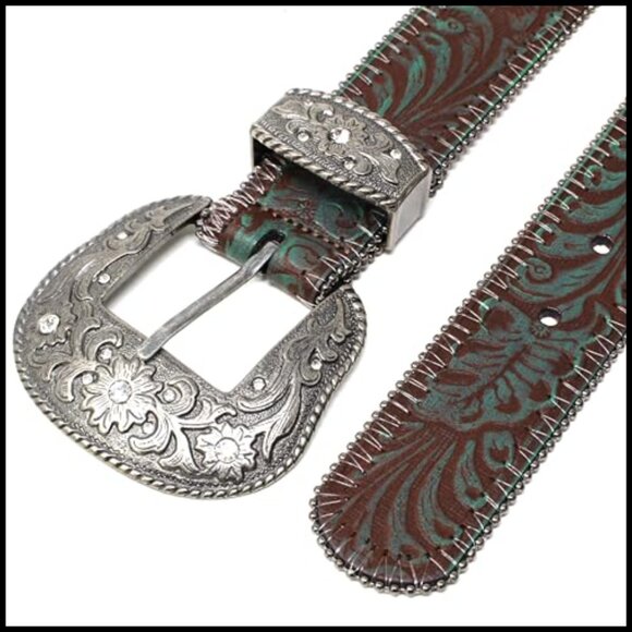 Western Leather Belt Tooled Embossed Vintage Silver Buckle 1.5 Inch Wide